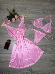 Satin 3-Piece Nighty – Pink