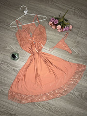 Net Design Nighty with thongs- Warm Pink
