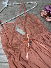 Net Design Nighty with thongs- Warm Pink
