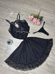 Net Design Nighty with thongs- Black
