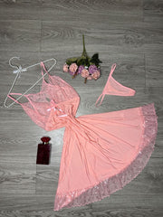 Net Design Nighty with thongs-Pink