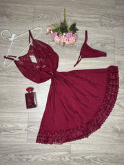 Net Design Nighty with thongs-Warm Red