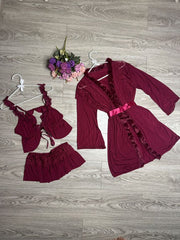 3-Piece Nighty with Robe- Dark Red