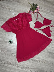 3-piece Net Design Nighty-red