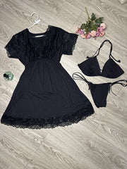 3-piece Net Design Nighty-Black
