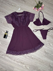 3-piece Net Design Nighty-Purple