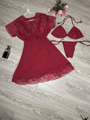 3-piece Net Design Nighty-Dark red