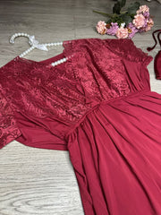 3-piece Net Design Nighty-Dark red