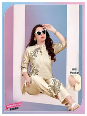 Linen Cotton Women Co-ord Set – Printed beige