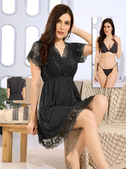 3-piece Net Design Nighty-Black