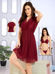 3-piece Net Design Nighty-Dark red