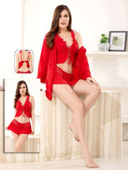 3-Piece Nighty with Robe- Red